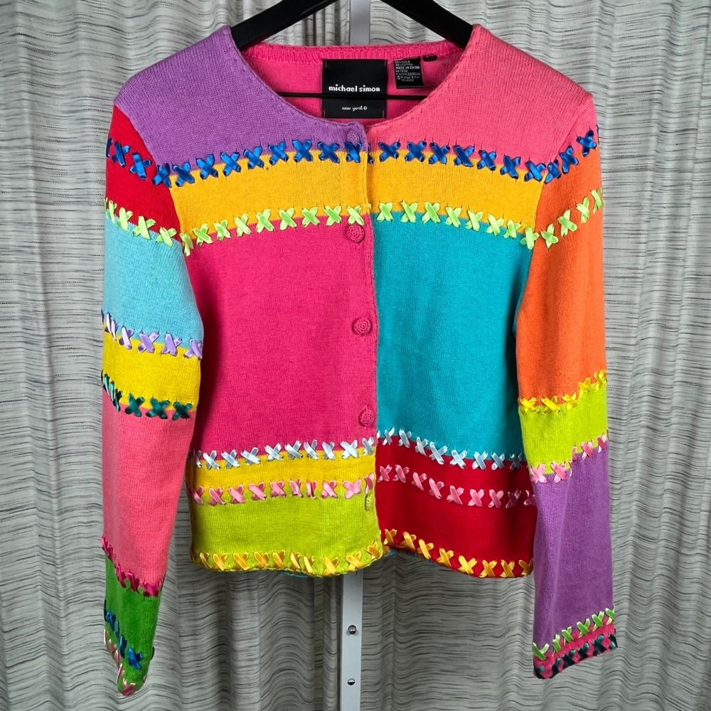 Vtg Michael Simon Womens Petite S PS Cardigan Colorful Sweater